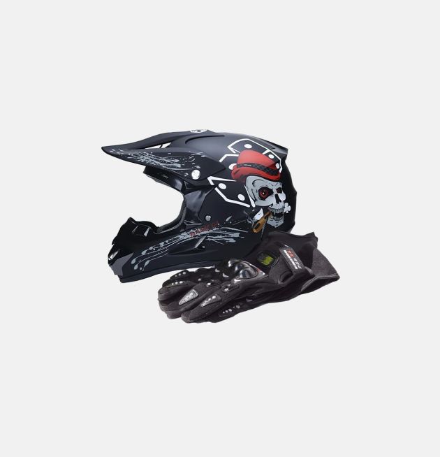 Шлем защитный + перчатки (набор)  чёрный с черепом XL